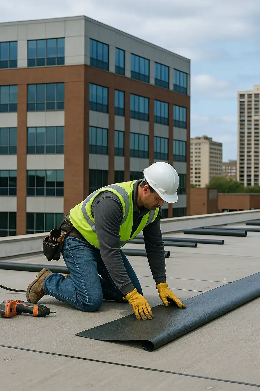 Commercial roofing team on site