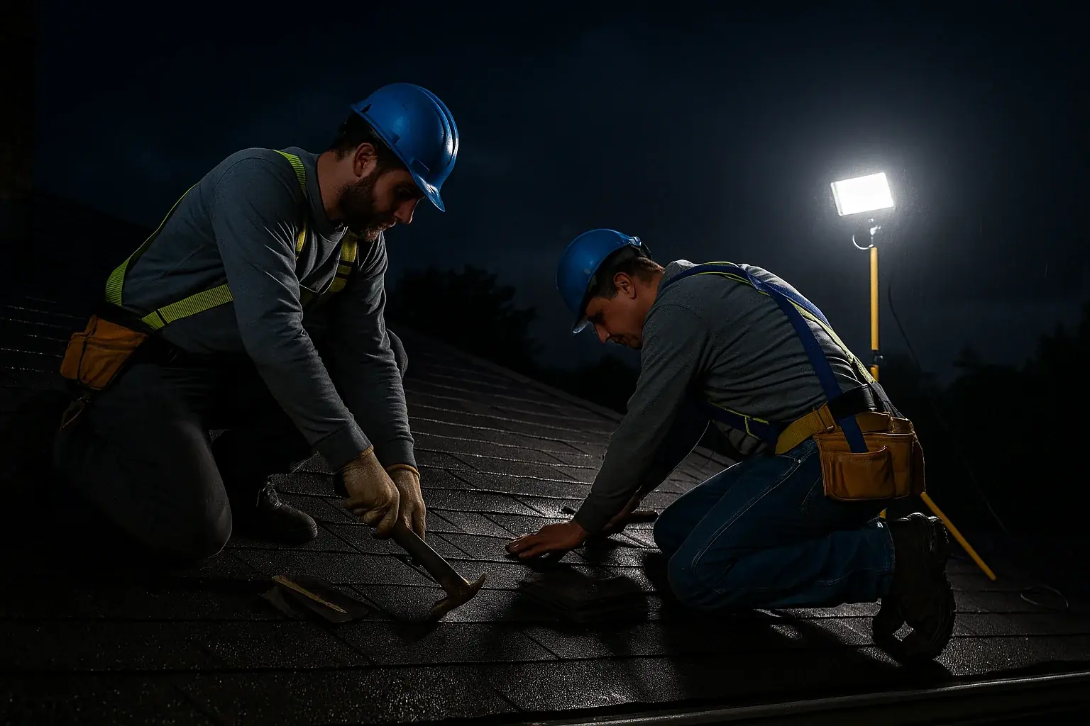 Emergency roof repair at night in Philadelphia