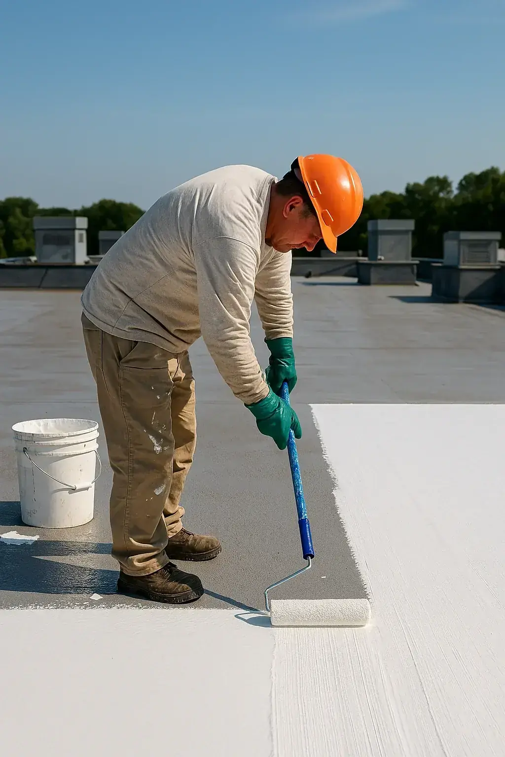 Applying reflective roof coating on a flat roof in Philadelphia